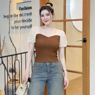 สินค้าพร้อมส่ง เสื้อแฟชั่นทรูโทน ผ้าเปลือกไม้ แขนตุ๊กตาแต่งผ้าชีฟอง ผ้ายืด ใส่สบาย ใส่แมท LG146