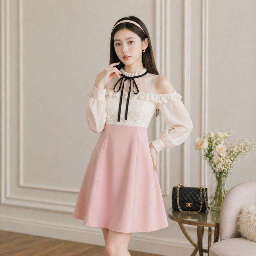 【Karlyn】DS0192# มินิเดรสเเขนยาวเว้าไหล่ ทรงสวยเข้ารูป ดีเทลผูกโบว์ สวยเซ็กซี่สุดๆ