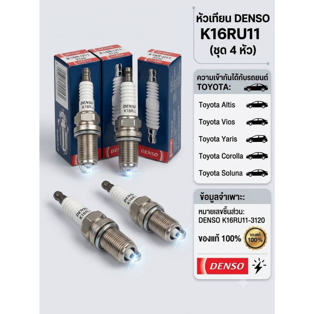 หัวเทียน DENSO K16RU11 Toyota Altis / Vios / Yaris / Collara / Soluna ( 4หัว ) DENSO K16RU11-3120
