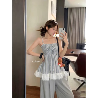 (อก28-42) เสื้อสายเดี่ยวสม็อคตัวยาวลายริ้ว detail แต่งลูกไม้ แต่งทูโทน เสื้อสายเดี่ยวสาวอวบใส่ได้อกถึง 42 นิ้ว