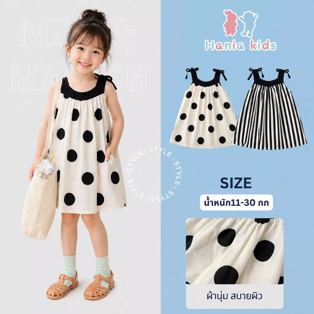 Hania Kids พร้อมส่ง ชุดเด็กผู้หญิง พร้อมส่ง ชุดเดรสกระโปรง ลายทาง ลายจุดน่ารัก - K3124501