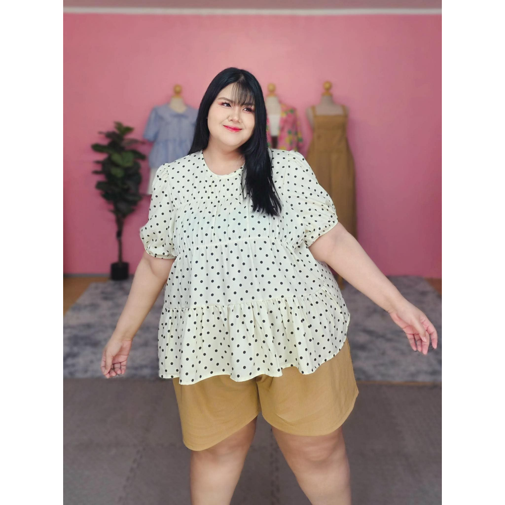 เสื้อคอกลม ลายจุด Polka Dot จีบรูดอก แขนตุ๊กตา ผ้าไหมอิตาลี ไซส์ใหญ่ อก50-62 นิ้ว++ (ง96)