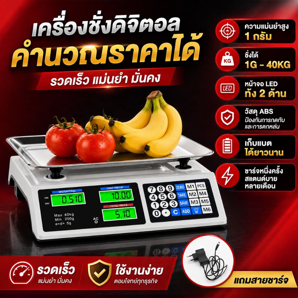 เครื่องชั่งดิจิตอล 40กิโล สแตนเลสกันน้ำ ชั่งสินค้าเกษตร ผัก ผลไม้ เนื้อสัตว์