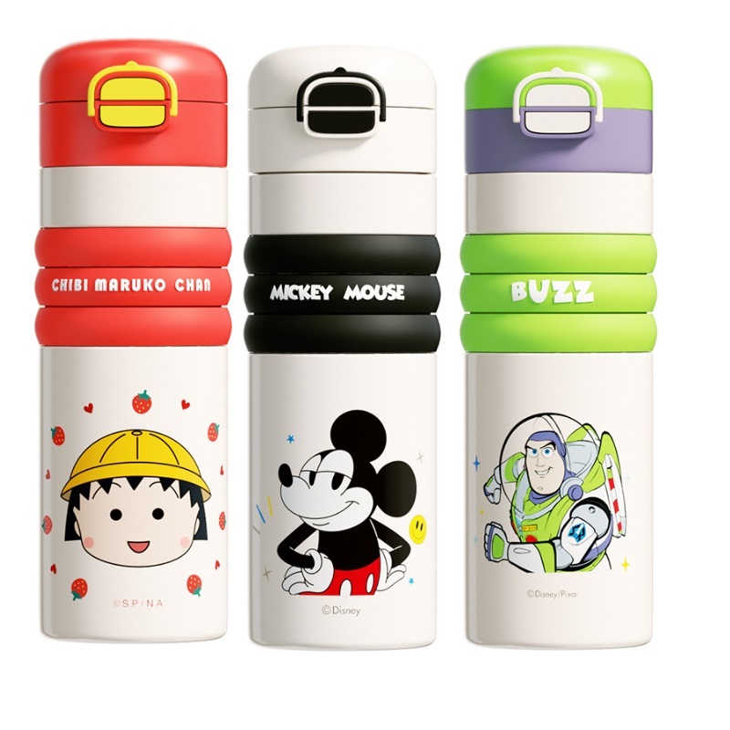 ขวดน้ำ Thermos แก้วเก็บความเย็น กระติกน้ำพกพา ลายการ์ตูน สายคล้อง พร้อมปิดฝา ฝา 2 หัว แบบยกดื่ม แบบดูด สแตนเลส 316 520ml