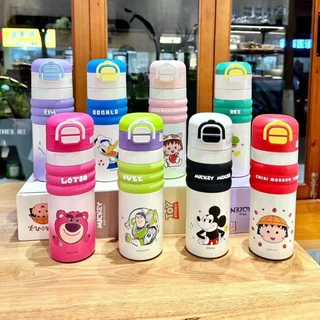 ขวดน้ํา thermos แก้วเก็บความเย็น กระติกน้ำพกพา ลายการ์ตูน สายคล้อง พร้อมปิดฝา ฝา2หัว แบบยกดื่ม แบบดูด สแตนเลส316 520ml