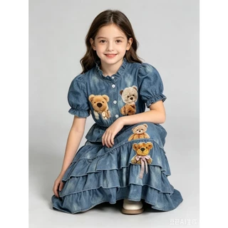 BB355 เซตเสื้อพัฟแขนครอป+กระโปรงกางเกงหลายชั้น ผ้านุ่มเด็กผู้หญิง ตกแต่งตุ๊กตาหมี ชุดฤดูร้อน