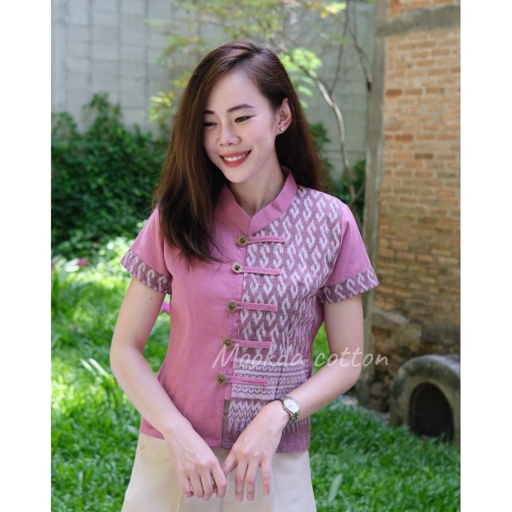 🛒เสื้อผ้าฝ้ายคอจีนทูโทนลายขอ  กระดุมเหรียญ  หญิง🛒