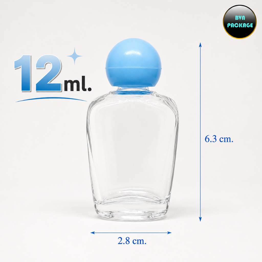 ขวดแก้ว 12 ml. รูปทรงโอ่ง+จุกรู+ฝากลม (50ขวด) / ขวดจุกมีรู ขวดตุ่ม ขวดฝากลม