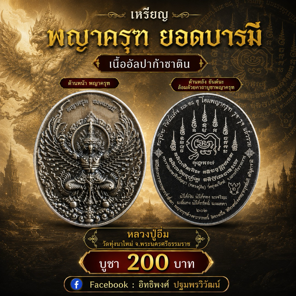 เหรียญพญาครุฑ ยอดบารมี เนื้ออัลปาก้าซาติน หลวงปู่อิ่ม วัดทุ่งนาใหม่ จ.พระนครศรีธรรมราช หลวงปู่ศิลา เมตตาอธิฐานจิต