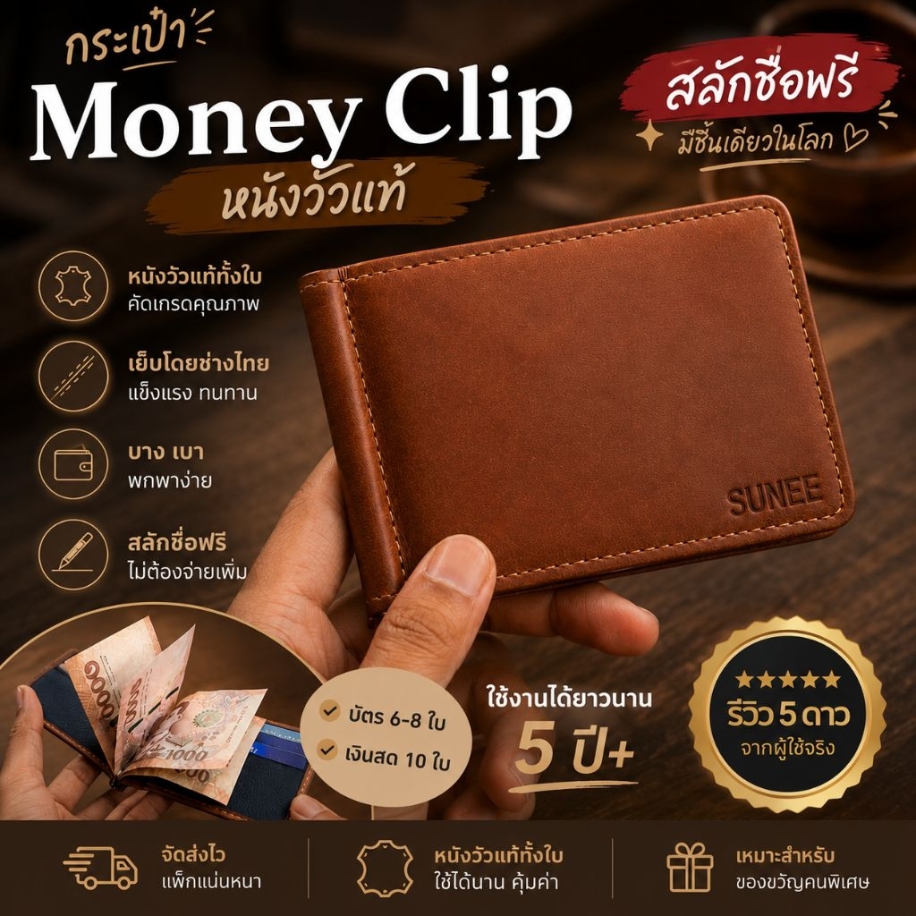 Money-clip ✌️งานเนี๊ยบ บางเฉียบ หนังแท้100% ตอกชื่อฟรี!! ✨ แจ้งได้เลยนะ