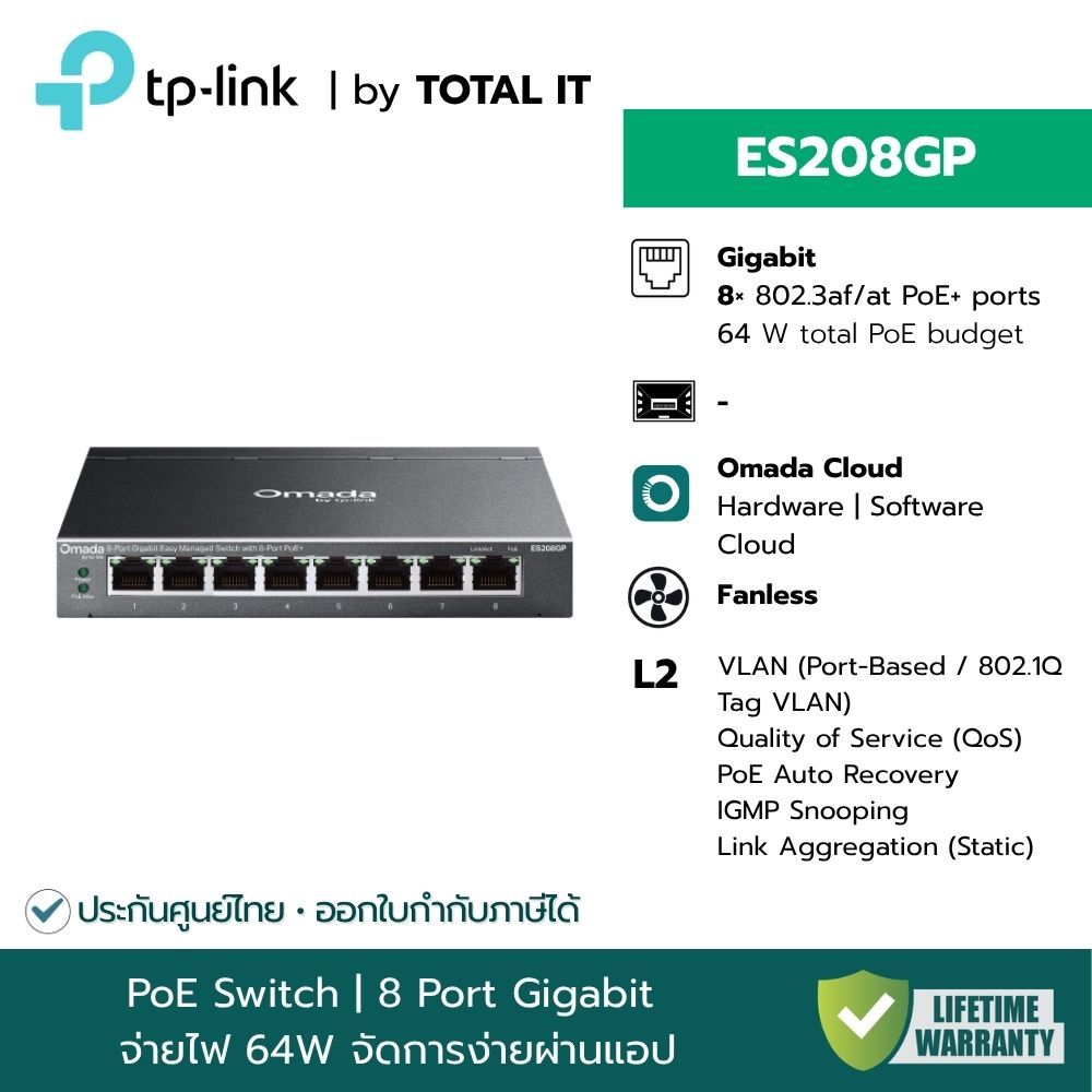 PoE Switch TP-Link ES208GP 8 Port Gigabit PoE+ 64W จัดการผ่านแอป ส่งไกล 250m