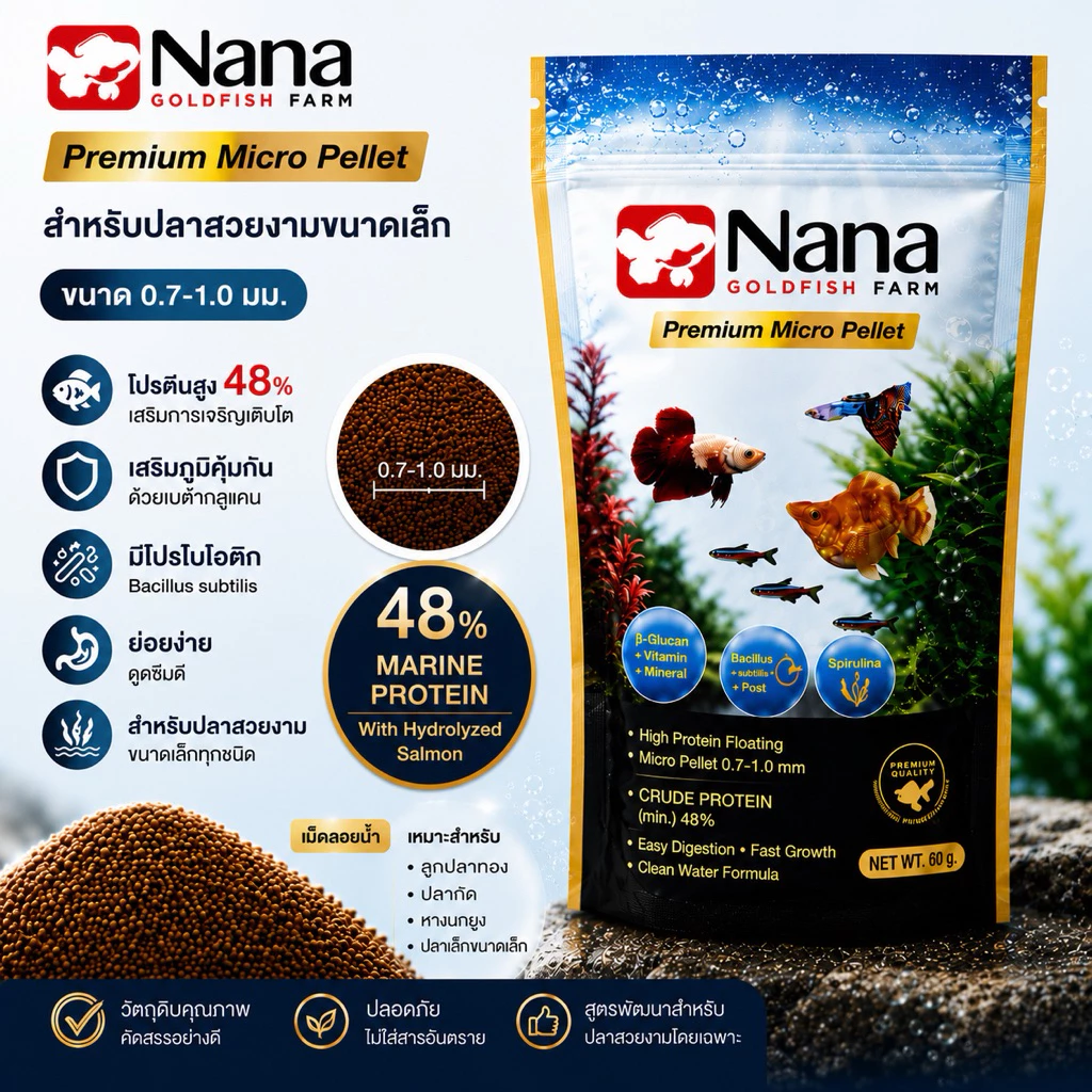 Nana Goldfish Farm Premium Micro Pellet 60g อาหารปลาขนาดเล็ก โปรตีนสูง 48% เม็ดลอยน้ำ 0.7-1.0 มม. สำหรับปลาขนาดเล็ก