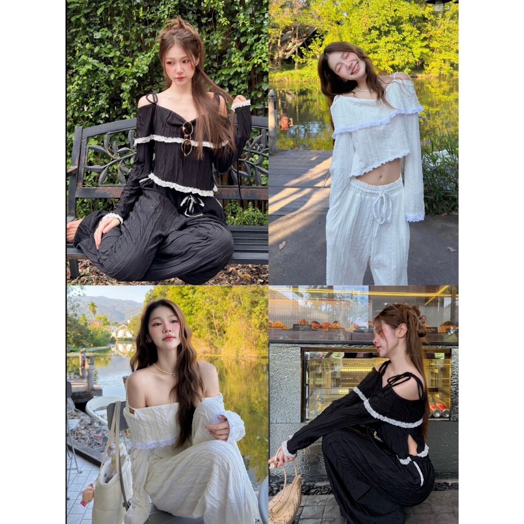 Girlonclouds Luna set ☁︎🧸🌙เสื้อปาดไหล่แขนยาว กางเกงขายาวผ้ายืดนิ่ม ใส่สบายดีเทลลูกไม้ Airport look♥︎