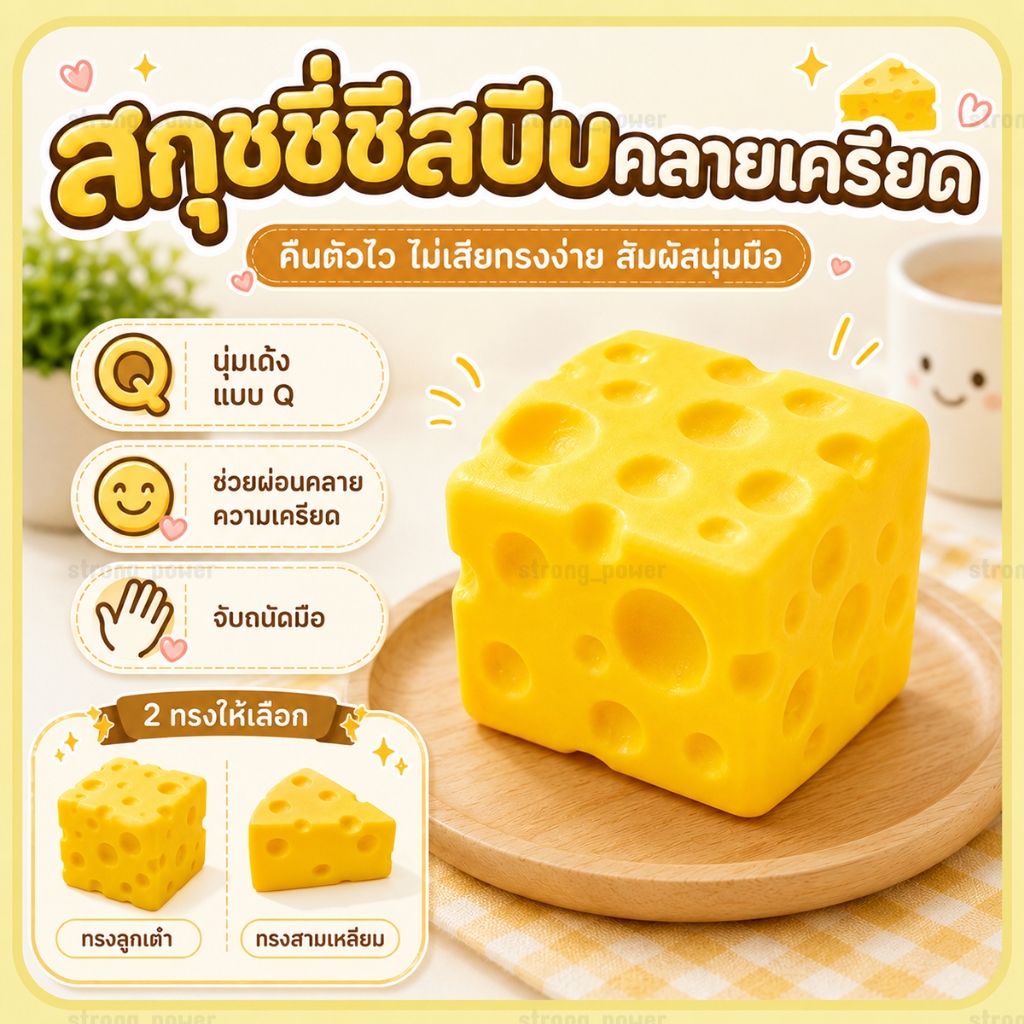 สกุชชี่ชีส ของเล่นบีบคลายเครียด ทรงลูกเต๋าและสามเหลี่ยม นุ่มเด้ง คืนรูปช้า ขนาดพอดีมือ บีบเพลิน