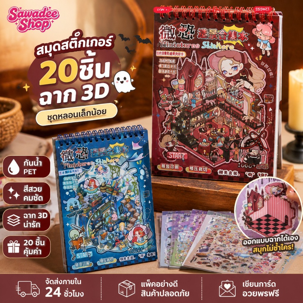 WEI 20 ชิ้น [ชุดหลอนเล็กน้อย] 3D ภูมิทัศน์สติกเกอร์กันน้ําหนังสือคอลเลกชันวัสดุการ์ตูนสไตล์
