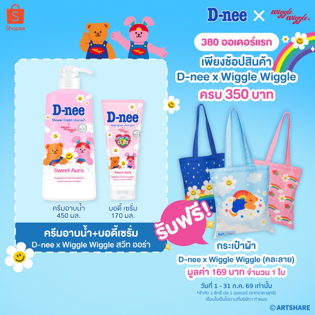 [ครีมอาบน้ำ+โลชั่นกันแดด] D-nee ดีนี่ มอยซ์เจอร์ คิส ครีมอาบน้ำ 450มล.+ มอยซ์เจอร์ คิส ซันสกรีน บอดี้ เซรั่ม 150มล.