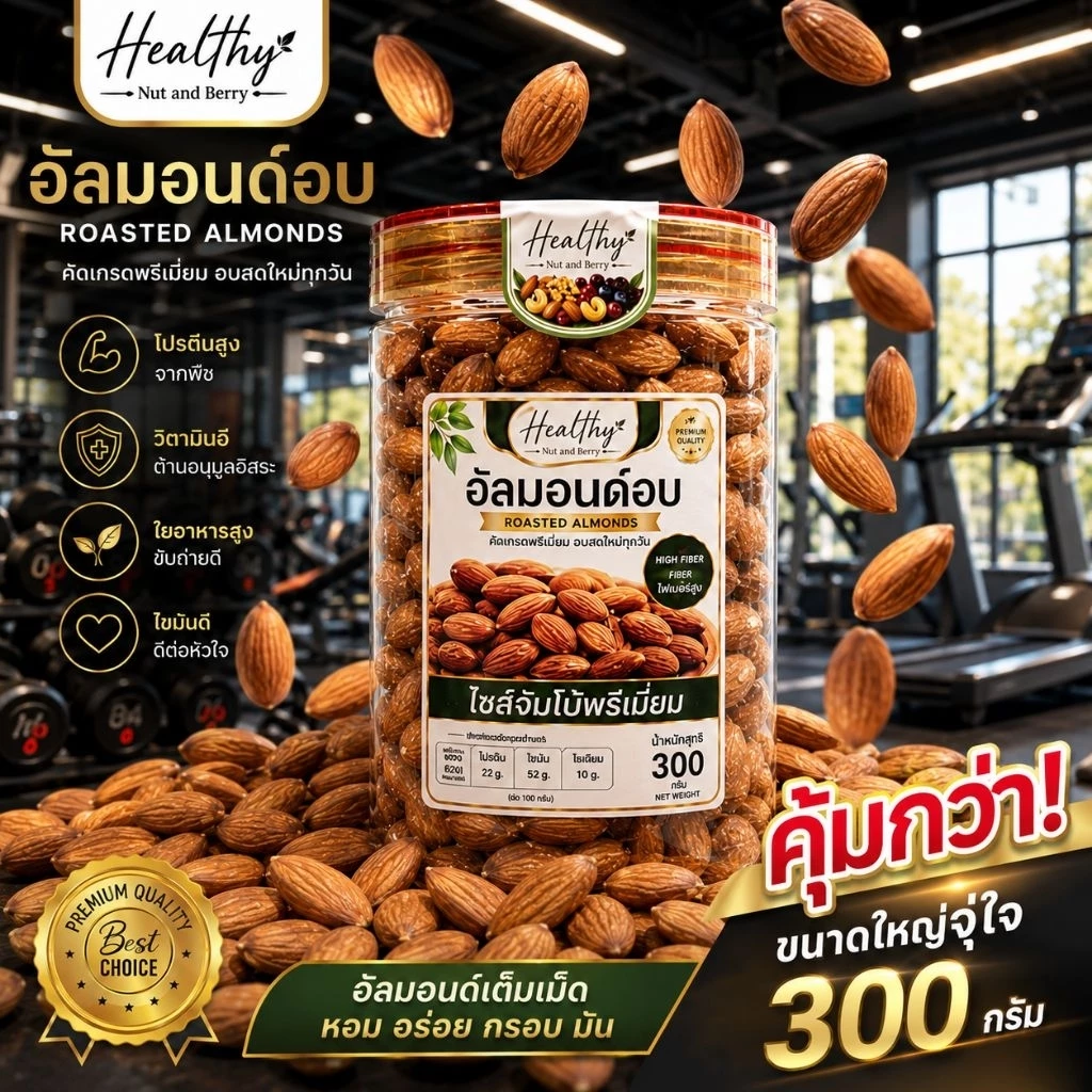 อัลมอนด์อบ ไซส์จัมโบ้พรีเมี่ยม 300 กรัม Healthy Nut and Berry เม็ดใหญ่ คัดเกรด อบสดใหม่ พร้อมทาน