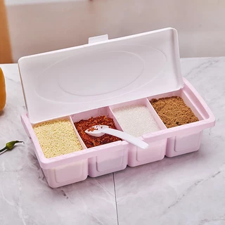 4 ช่องพร้อมฐานและช้อนกล่องอะคริลิคใสภาชนะปรุงรสในครัวเรือนเกลือกล่องเครื่องปรุงรสใส