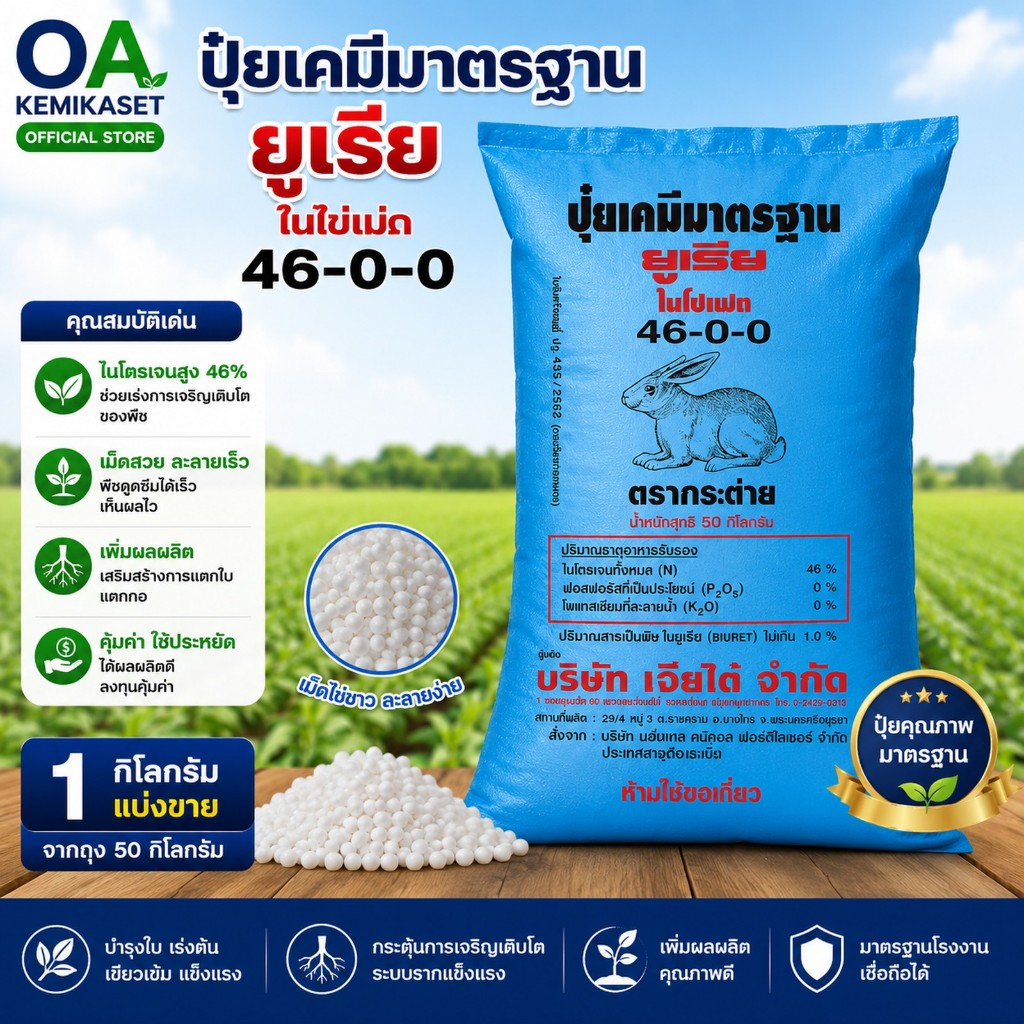 ปุ๋ยยูเรีย 46-0-0 ตรากระต่าย 1 กก. ปุ๋ยไนโตรเจนสูง 46% บำรุงใบ เร่งโต เม็ดขาวละลายง่าย