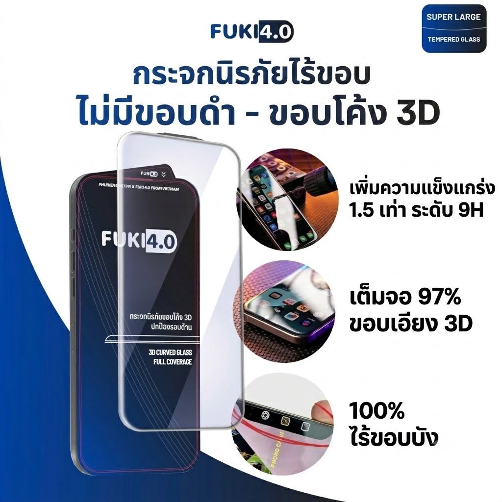 [แข็งพิเศษ] - ฟิล์มกระจกใสกันรอยหน้าจอ FUKI รุ่น FK02 แบบไม่มีขอบดำ ขอบโค้ง 3D สำหรับ iPhone 18PRM/17 PRM/16 PRM/15/14
