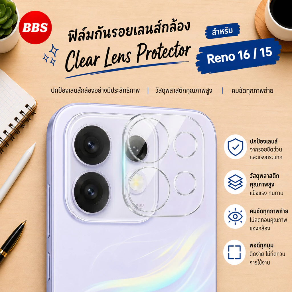 ฟิล์มกระจกเลนส์กล้อง สำหรับ Oppo Reno 16 / 16F / 16Pro / 15 / 15F / 15Pro / 15ProMax กันรอยกล้อง ตรงรุ่น พร้อมส่ง