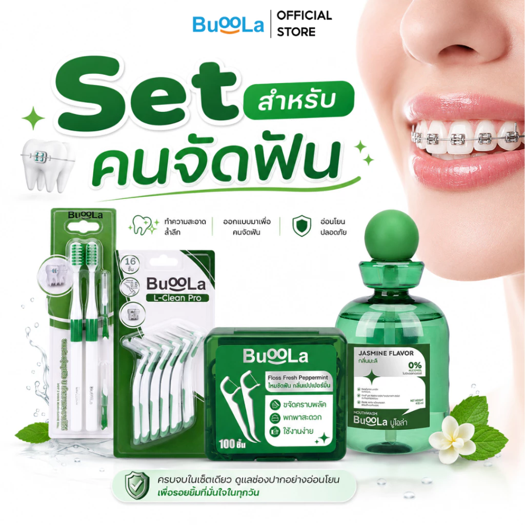 [Set 4 ชิ้น] Buoola น้ำยาบ้วนปาก 1 ขวด+ไหมขัดฟัน 1 กล่อง+แปรงสีฟัน 1 แพ็ค+แปรงขัดซอกฟันตัวแอล 1 แพ็ค