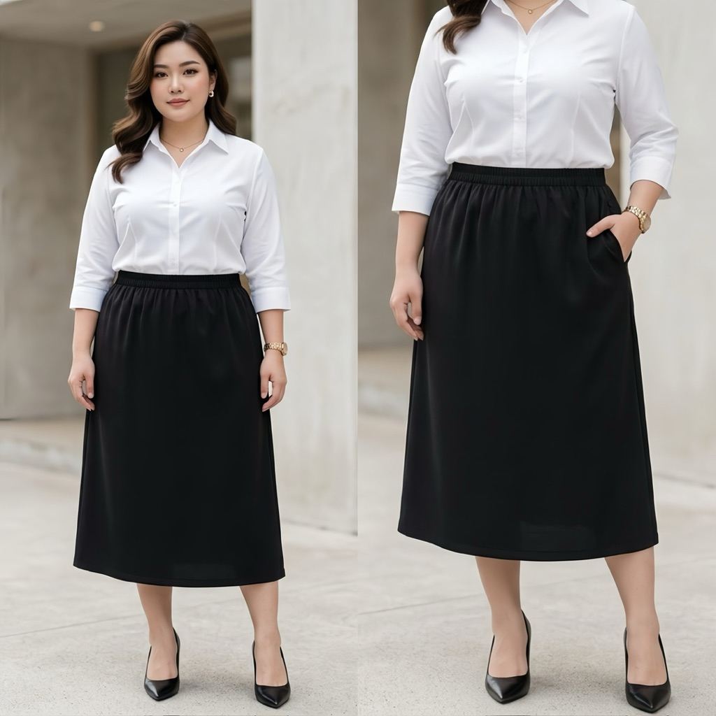 กระโปรงทำงานสาวอวบ รุ่นยาวเลยเข่า(มีกระเป๋าข้าง) ผ้าเปเป้ แบบสุภาพ เอวยางสม็อค เอว32-54
