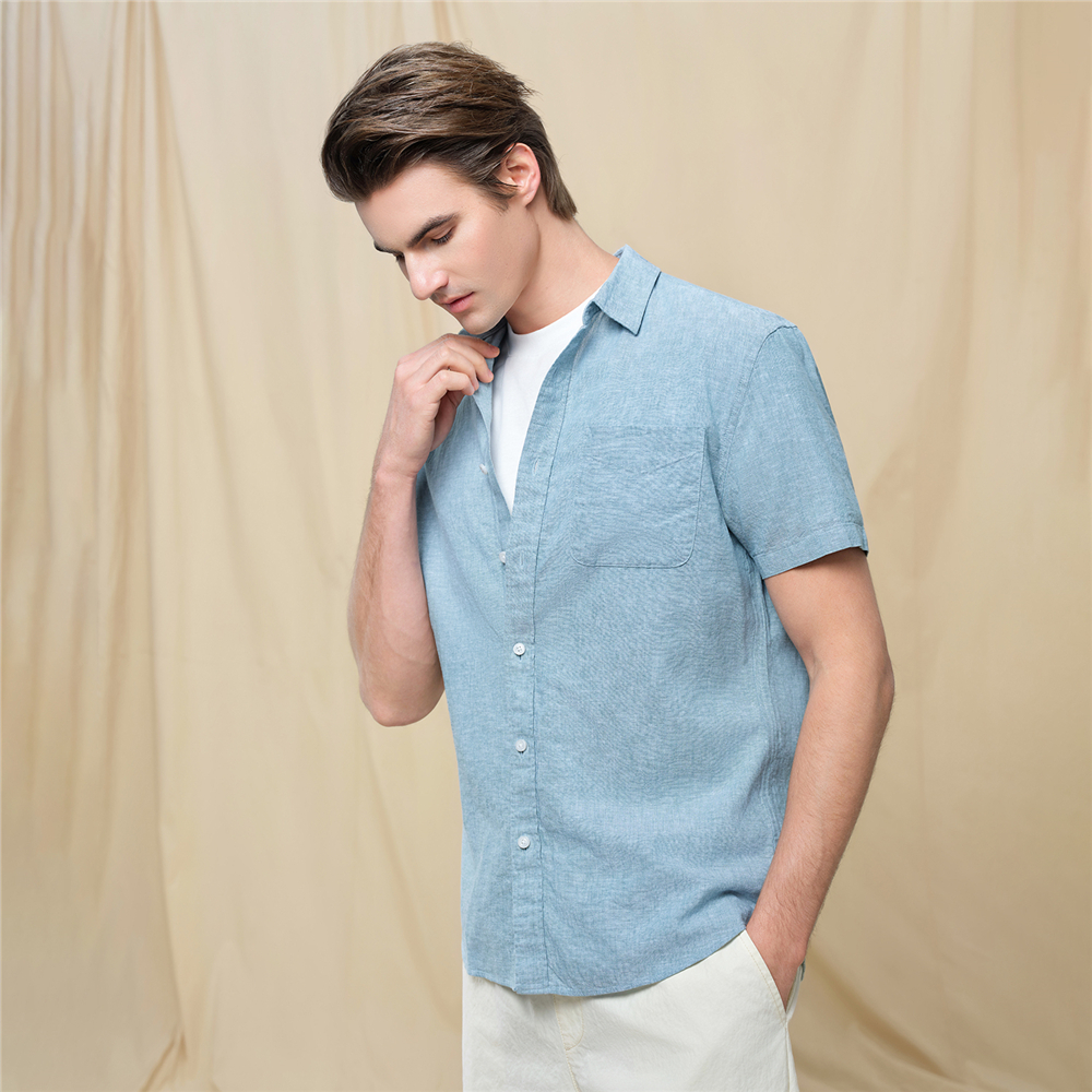 GIORDANO قميص رجالي قطن وكتان نصف كم — صورة 2