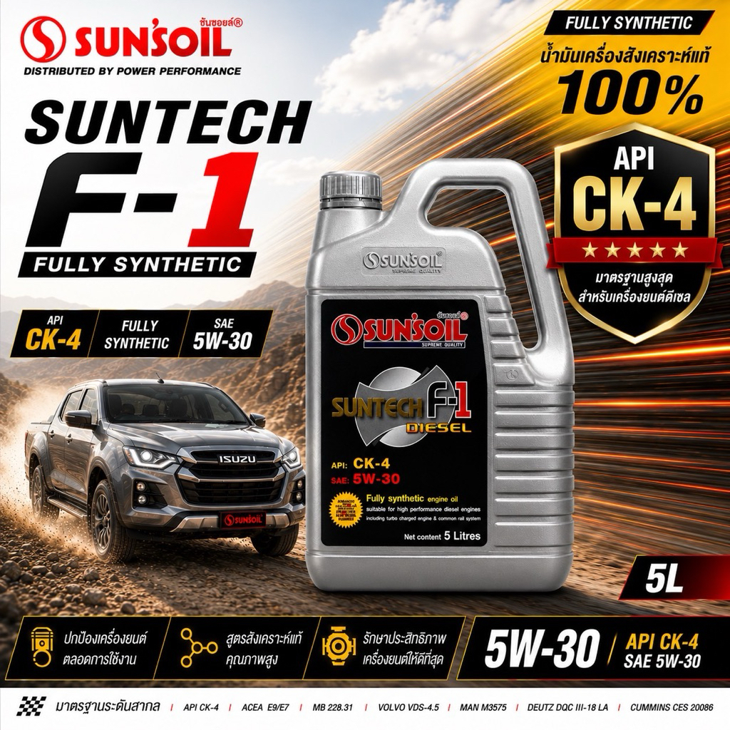 น้ำมันเครื่องซันซอยล์ดีเซล มาตรฐานสูงสุด CK4 Sun'soil F-1 Diesel Fully SYN CK4  5W- 30/5  ลิตร