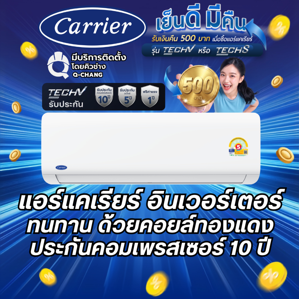 (รุ่นใหม่) CARRIER INVERTER TECH-V แอร์แคเรียร์ ระบบอินเวอร์เตอร์ ขนาด 9,000-24,000 BTU