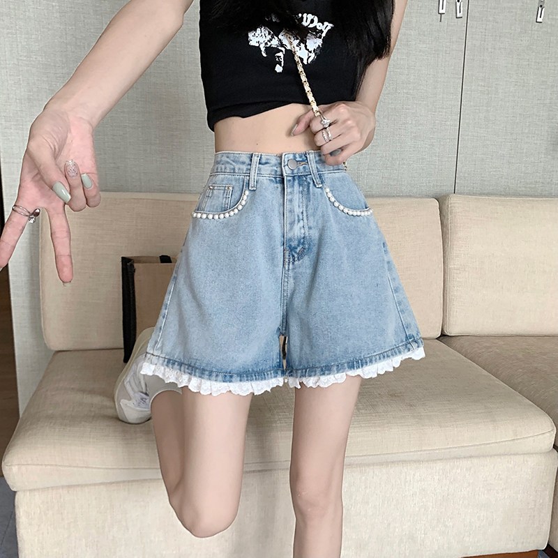 S~5XL Denim shorts Blue กางเกงยีนส์ขาสั้นเอวสูง ตกแต่งด้วยลูกไม้ประดับมุก กางเกงขาสั้นทรงเอไลน์ขากว้าง ทรงหลวม ใส่สบาย