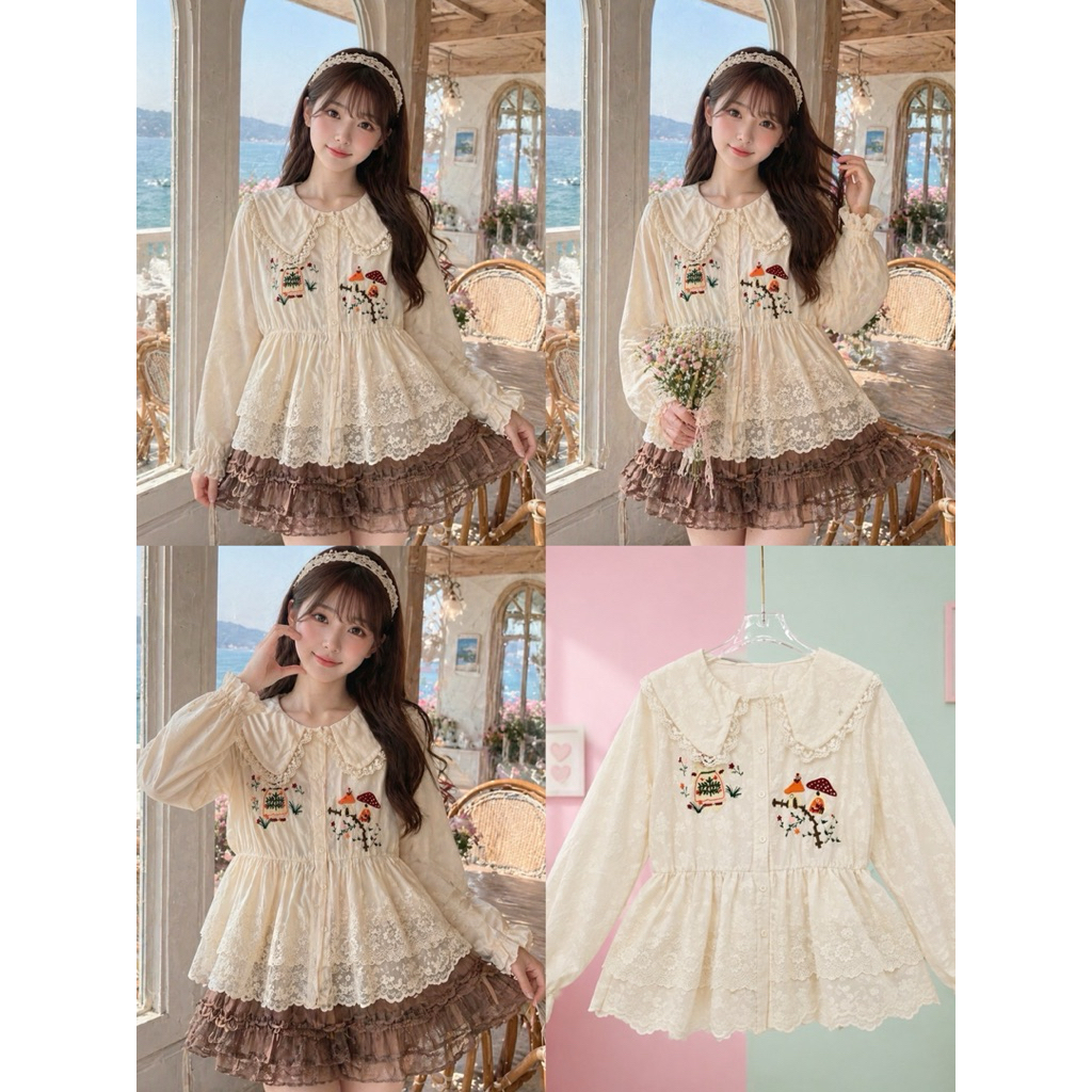 น้อนลูกไม้ครีมน่ารักลุคพส.เกาหลี เสื้อลูกไม้แขนยาวผ้าปักทั้งตัว ดีเทลคอปกบัวระบายลูกไม้ทรงกระดุมผ่าหน้าแกะได้จริงแต่งปัก