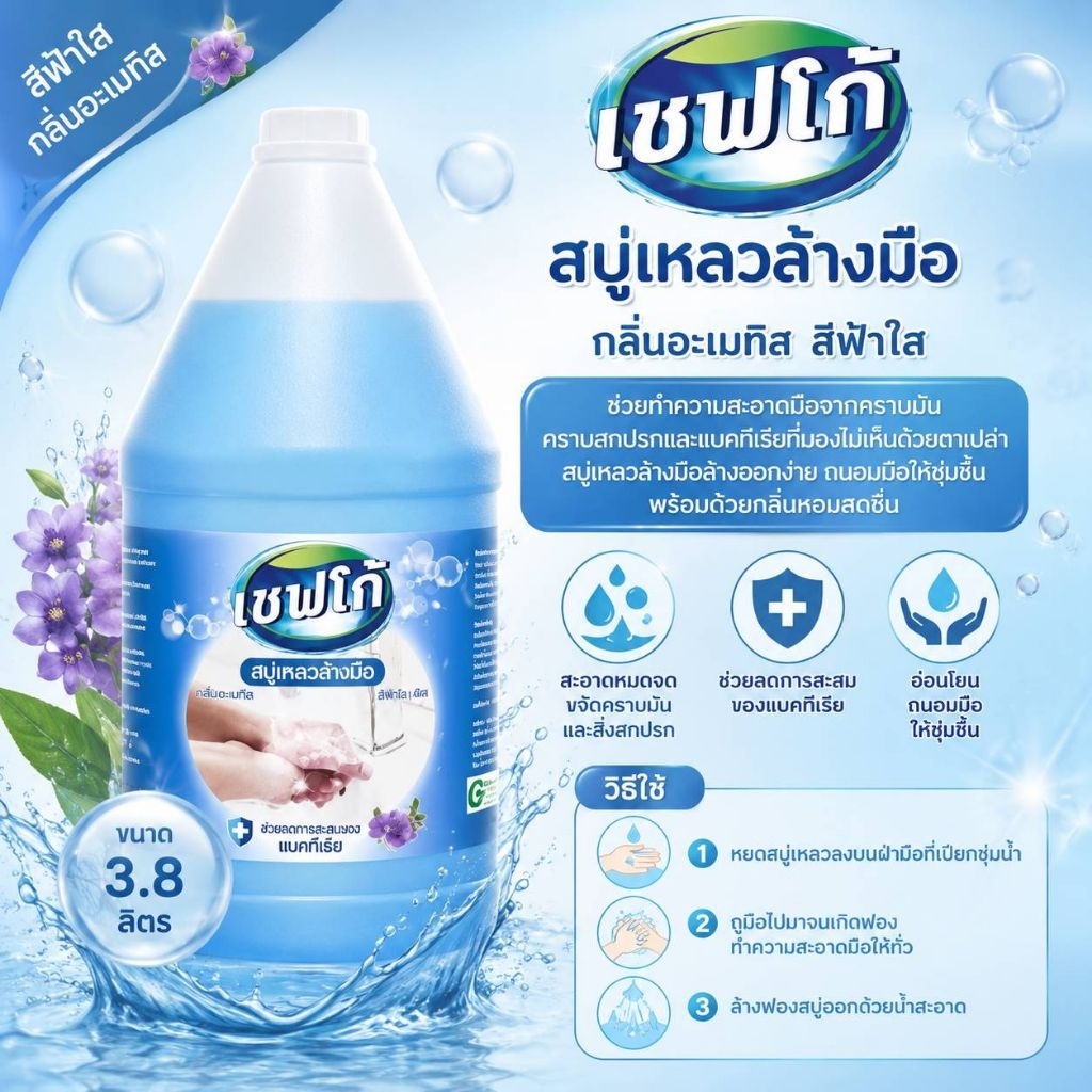 "เชฟโก้" สบู่เหลวล้างมือ กลิ่นอะเมทิส ฟ้าใส ใช้ได้ทั้งโรงพยาบาล ร้านอาหาร สำนักงาน ฯลฯ