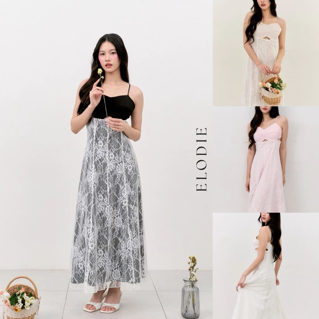 ELODIE TOP เดรสยาวสายเดี่ยวเว้ากลางและเว้าด้านข้างแต่งลูกไม้ช่วงกระโปรง