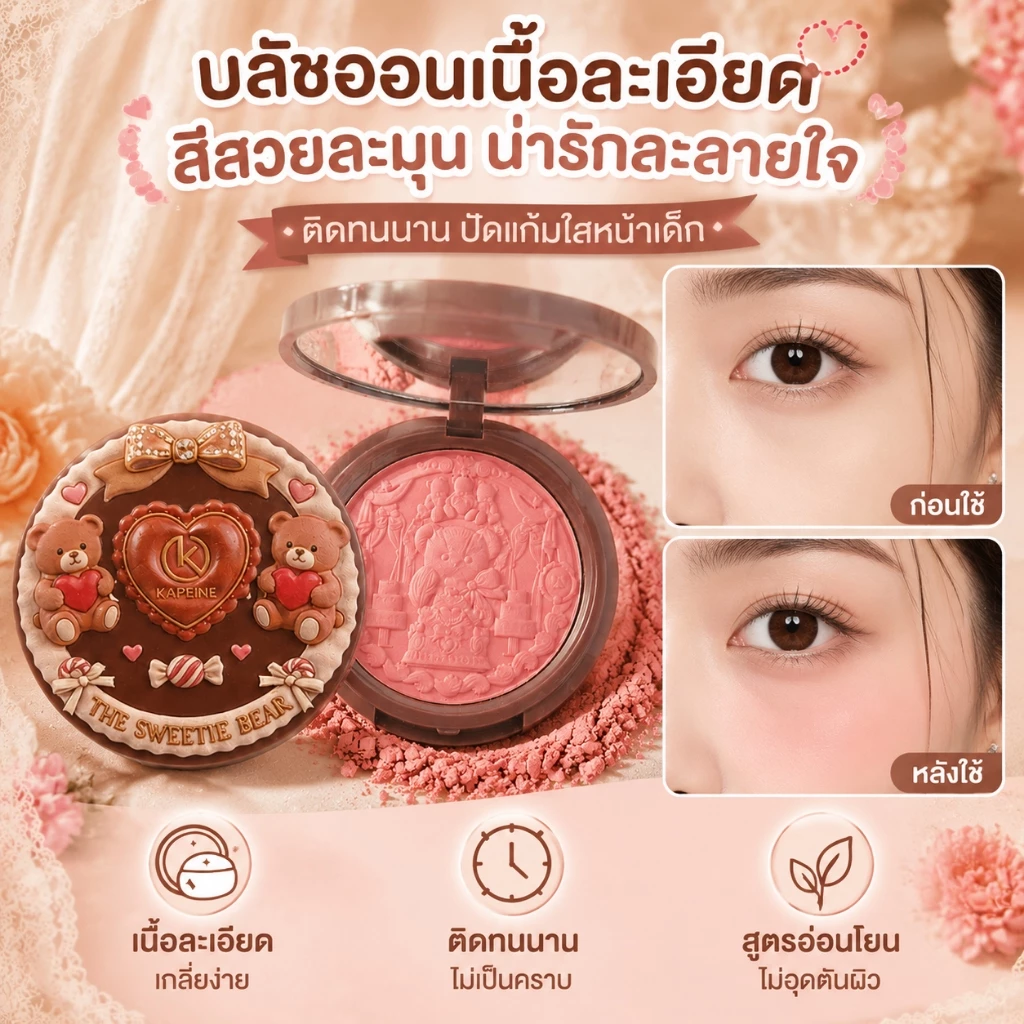 บลัชออนเดี่ยว เนื้อละเอียด สีละมุนธรรมชาติ เกลี่ยง่าย ติดทนนาน ลุคใส หน้าเด็ก อายแชโดว์+คอนทัวร์ เหมาะกับทุกสีผิว