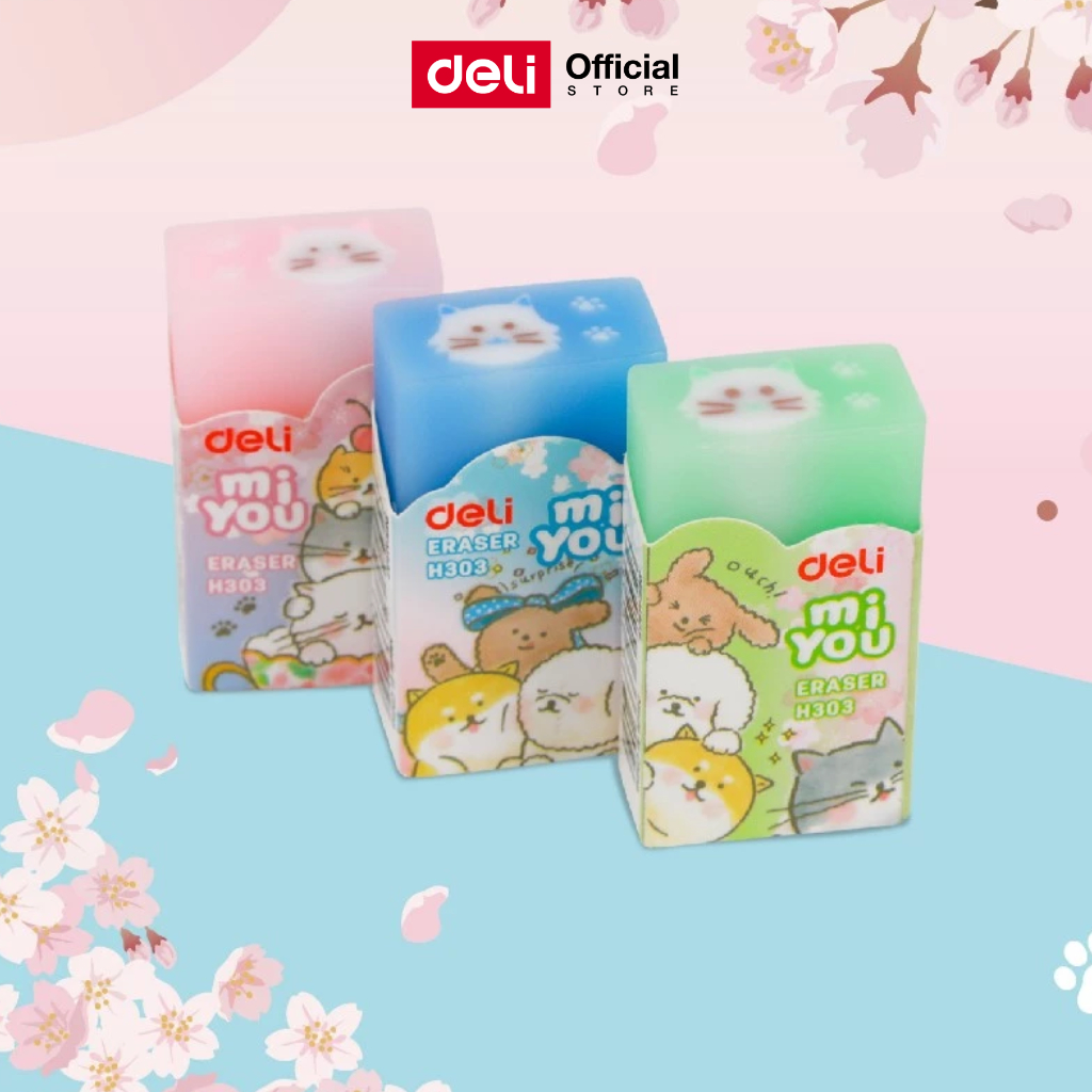 ยางลบPVC Deli รุ่น H303 ยางลบหลากสี ลบสะอาด ลายน้องหมาน้องแมว (คละสี/จำหน่าย 1 ก้อน)