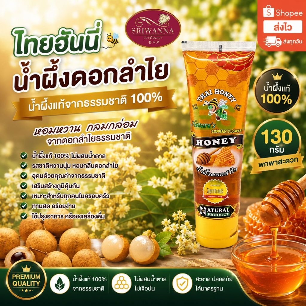 THAI HONEY (ไทยฮันนี่) น้ำผึ้งดอกลำไย ขนาด 130 กรัม น้ำผึ้งแท้ 100%