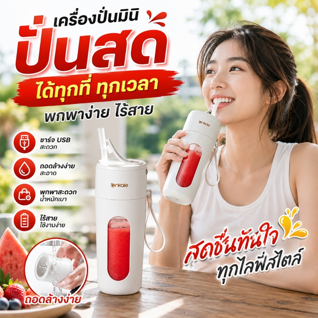 🍓 เครื่องปั่นมินิ ปั่นน้ำผลไม้สดได้ทุกที่ ทุกเวลา  เครื่องปั่นน้ำผลไม้พกพา ไร้สาย ชาร์จ USB ถอดล้างง่าย ใช้งานสะดวก