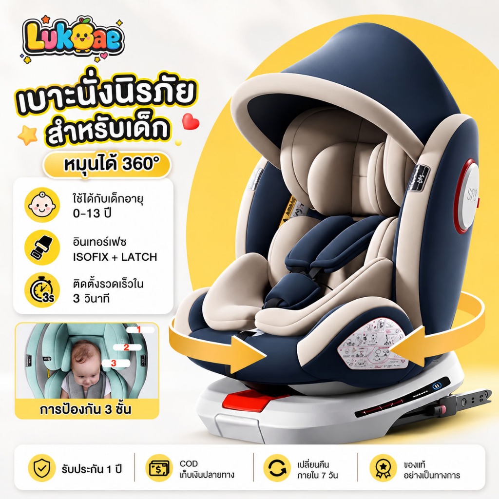 คาร์ซีทเด็ก Beige หมุนได้ 360 องศา ติดตั้งง่าย ปลอดภัยสูงสุด