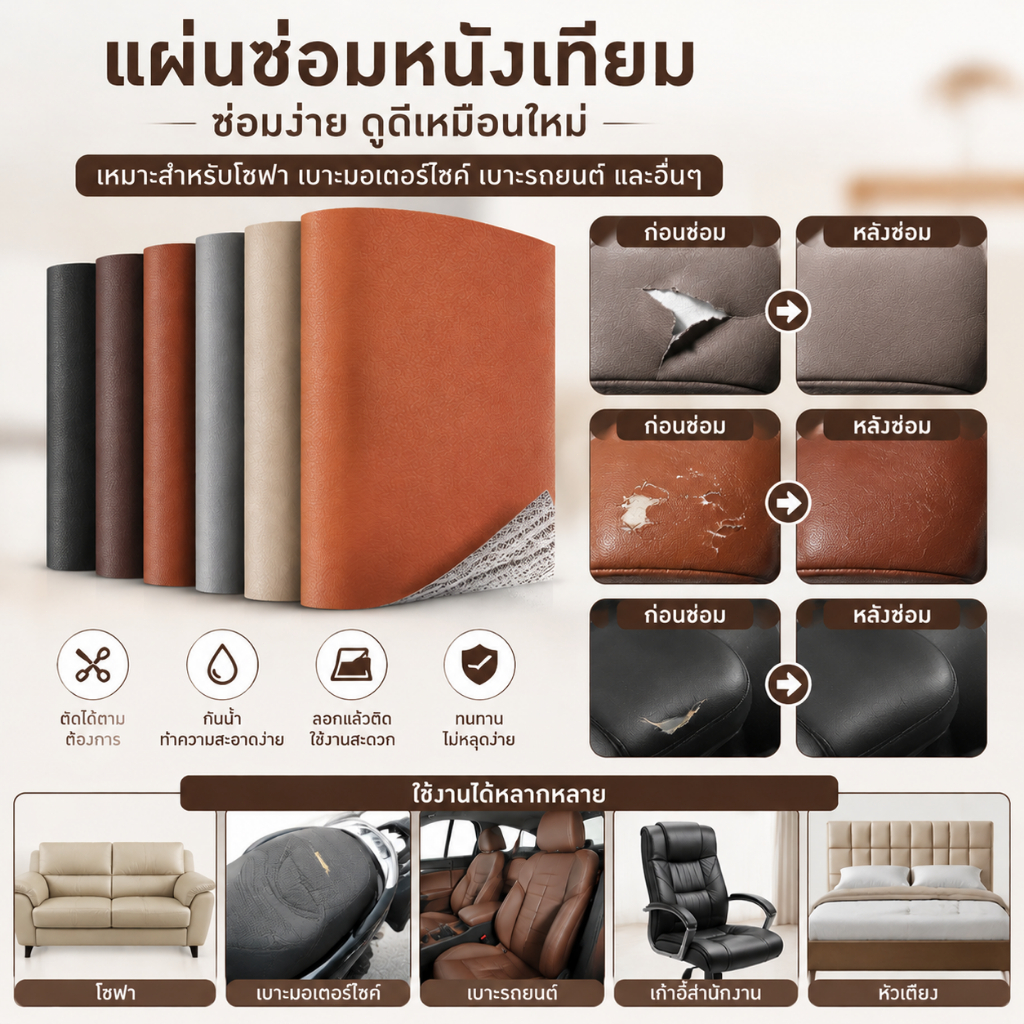 แผ่นซ่อมหนัง สติกเกอร์ซ่อมหนังแบบมีกาวในตัว PVC สติกเกอร์ตกแต่งโซฟา แผ่นซ่อมเบาะมอเตอร์ไซค์