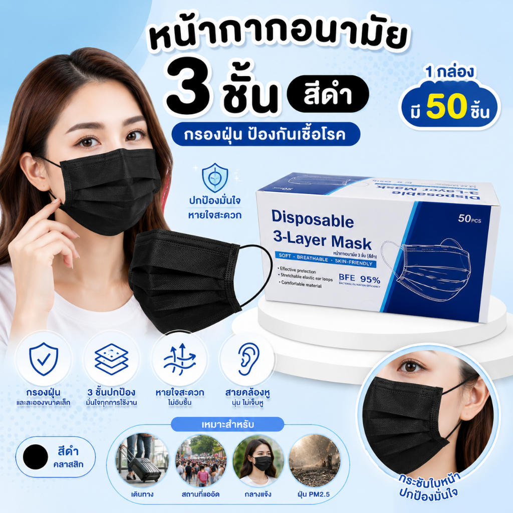 At.Houseone แมสดำ 3 ชั้น 1 แพ็ค 50 ชิ้น พร้อมกล่องจ้า หน้ากากอนามัย
