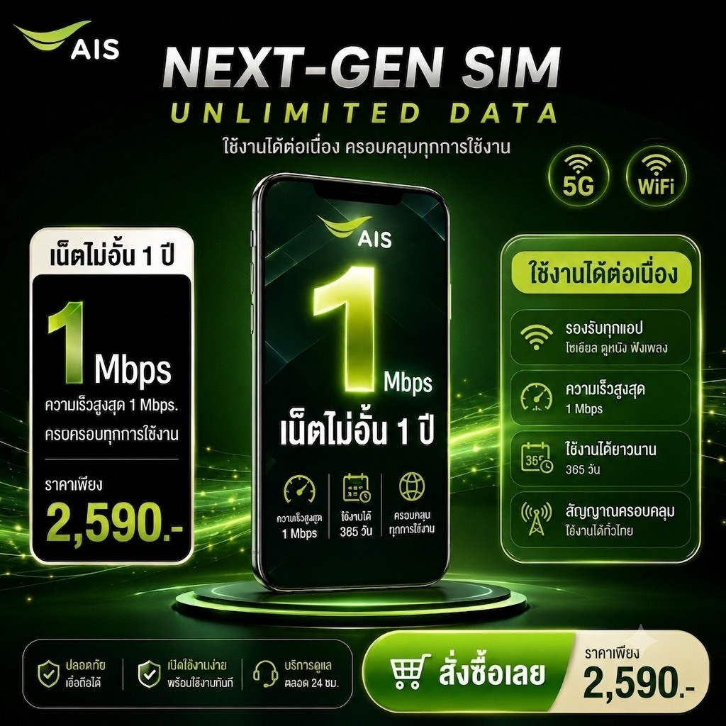 (ซิมรายปีเอไอเอส) เน็ตไม่ลดสปีดมีที่เดียว AIS5g