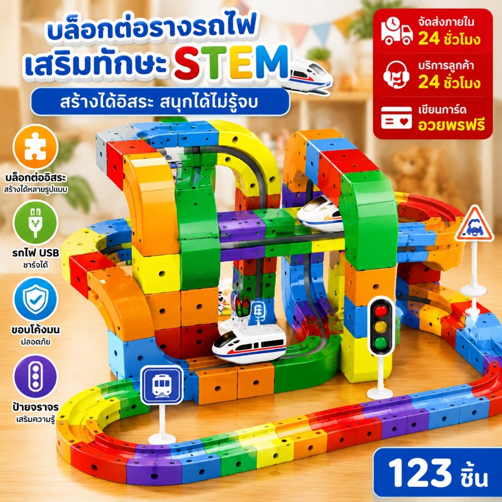 Magic Rail Cube ของเล่นเด็กประกอบเอง รถไฟ USB ชาร์จได้ พร้อมป้ายสัญลักษณ์จราจร 81pcs