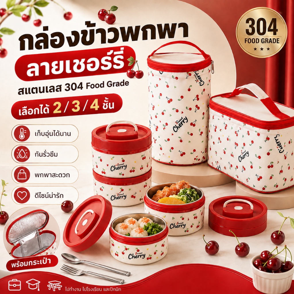 ⚡ปิ่นโต⚡กล่องข้าว 2/3/4 เข้าไมโครเวฟได้ ชั้น กล่องอาหาร เก็บอุณหภูมิได้ SUS304-316กล่องอาหารสแตนเลส ฟรีกระเป่าชุดทันอาหา