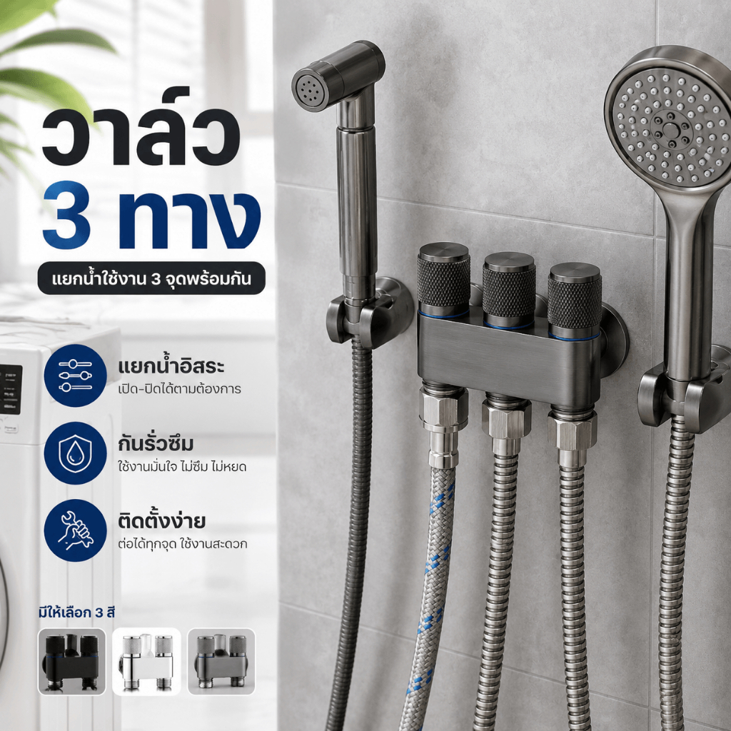 วาล์วแยกน้ำ 3 ทาง 1 เข้า 3 ออก หัวแยกก๊อกน้ำ สำหรับเครื่องซักผ้า สายฉีดชำระ สายยาง ต่อใช้งานได้ 3 จุด