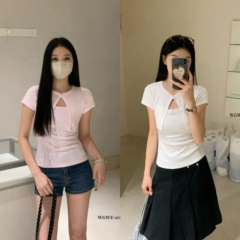 📍พร้อมส่ง ขาว📍10271# เสื้อเกาะอก เย็บติด เสื้อแขนสั้นติดกระดุมช่วงอก เนื้อผ้าดีงานสวย   TAG:WG.WE 🇰🇷