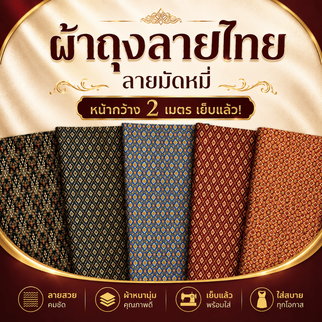 ผ้าถุง ผ้าถุงลายไทย หน้าผ้ากว้าง 2 เมตร เย็บแล้ว