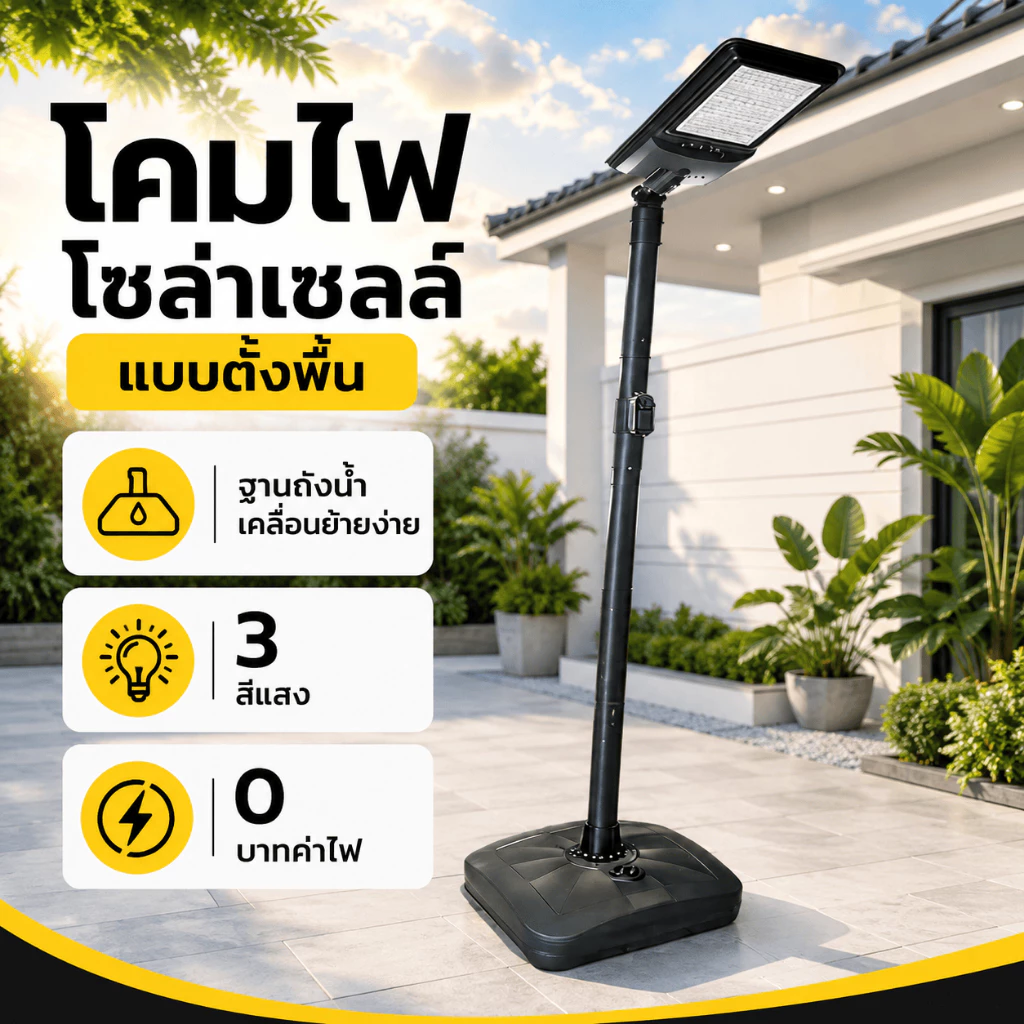 โคมไฟสวนโซล่าเซลล์ ฐานถังน้ำ เคลื่อนย้ายได้สะดวก กันน้ำ IP68 LED สว่างจ้า ใช้งานกลางแจ้ง พร้อมส่ง