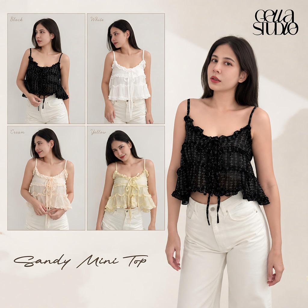 Sandy Top(GELLA)เสื้อสายเดี่ยวแต่งระบายผ้าโรซี่ลายลูดไม้แต่งโบว์