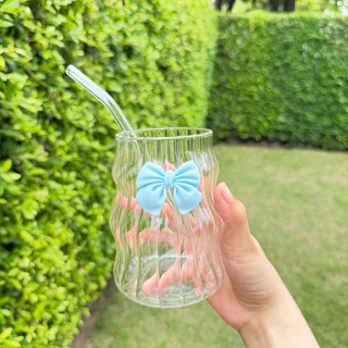 แก้วน้ำ วัสดุแก้ว 450 มล โบว์สีชมพู🎀 พร้อมหลอด แก้วกาแฟ ส่งจากกรุงเทพ